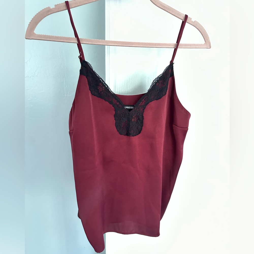 Cami tank. Marroon with black lace trim